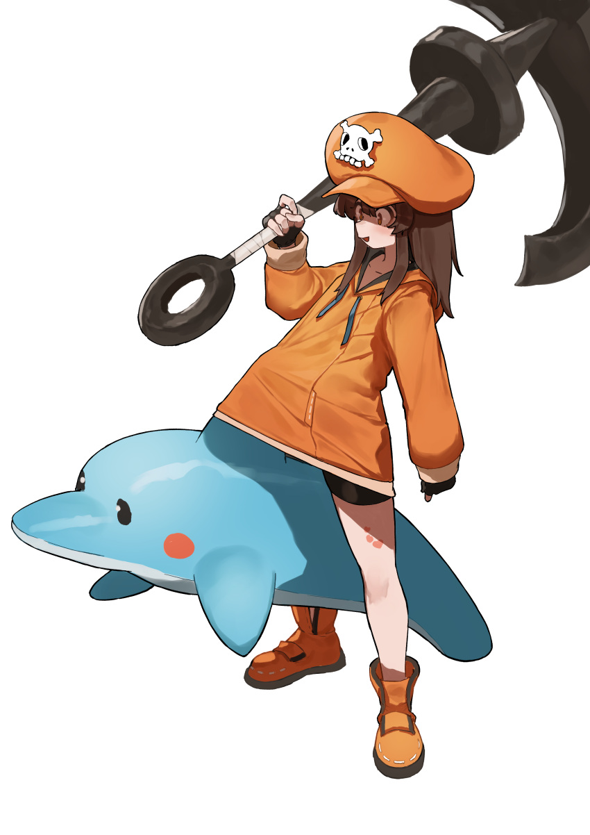 1girl absurdres anchor bare_legs bike_shorts black_gloves blush_stickers brown_eyes brown_hair cabbie_hat dolphin fingerless_gloves flasso gloves guilty_gear guilty_gear_strive hair_between_eyes hat heart heart_tattoo highres holding holding_weapon jacket long_hair may_(guilty_gear) mr._dolphin_(guilty_gear) open_mouth orange_footwear orange_headwear orange_jacket shaded_face shorts skull_and_crossbones solo tattoo weapon white_background