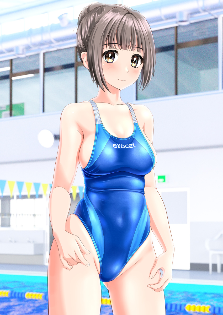 1girl absurdres blue_swimsuit breasts clothes_writing commentary_request competition_swimsuit covered_navel groin hair_bun highres indoors large_breasts light_brown_hair looking_at_viewer multicolored_clothes multicolored_swimsuit one-piece_swimsuit original pool short_hair solo standing string_of_flags swimsuit takafumi undersized_clothes window