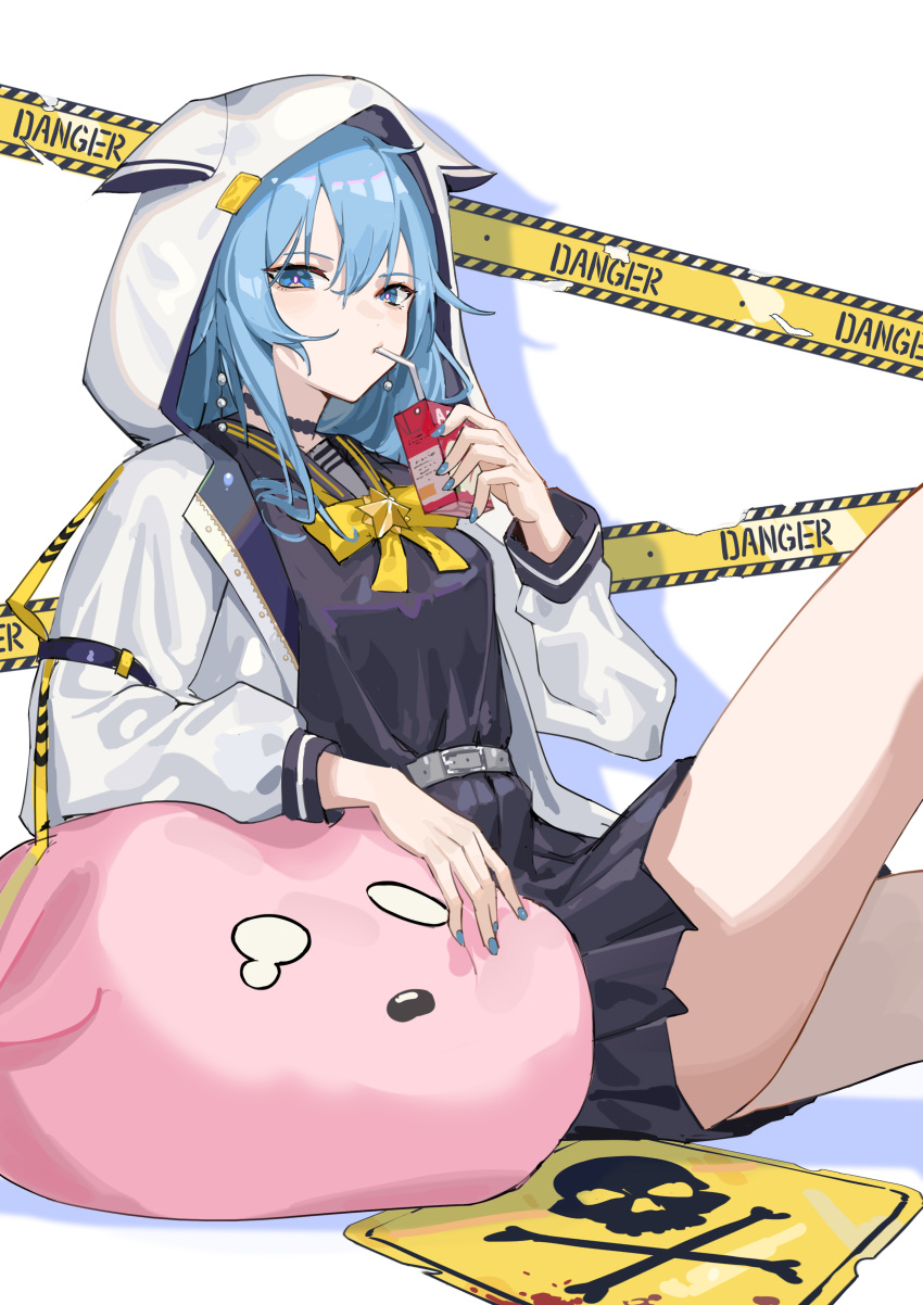 1girl absurdres bangs belt black_choker black_shirt black_skirt blue_eyes blue_hair blue_nails bow bowtie caution_tape choker commentary drink drinking_straw_in_mouth english_commentary grey_belt hair_between_eyes highres holding holding_drink hololive hood hood_up hooded_jacket hoshimachi_suisei jacket juice_box krin long_hair long_sleeves looking_at_viewer nail_polish open_clothes open_jacket shirt sitting skirt skull_and_crossbones solo stuffed_animal stuffed_toy virtual_youtuber white_jacket yellow_bow yellow_bowtie