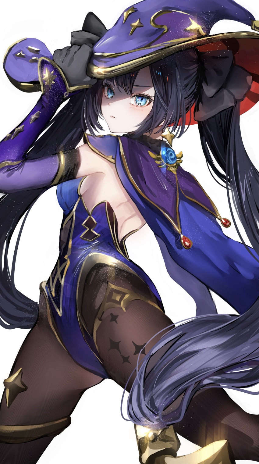 1girl absurdres asymmetrical_bangs backless_leotard bad_anatomy bangs black_gloves black_hair black_ribbon blue_cape blue_eyes blue_headwear blue_leotard blush breasts brown_legwear cape closed_mouth commentary detached_sleeves earrings elbow_gloves eyelashes feet_out_of_frame genshin_impact gloves gold_trim hair_ribbon half_updo hand_on_headwear hat highleg highleg_leotard highres jewelry leotard light_particles lips long_hair looking_at_viewer medium_breasts mona_(genshin_impact) nanaponi pantyhose ribbon simple_background solo star_(symbol) star_earrings thighlet twintails twisted_torso very_long_hair vision_(genshin_impact) white_background witch_hat