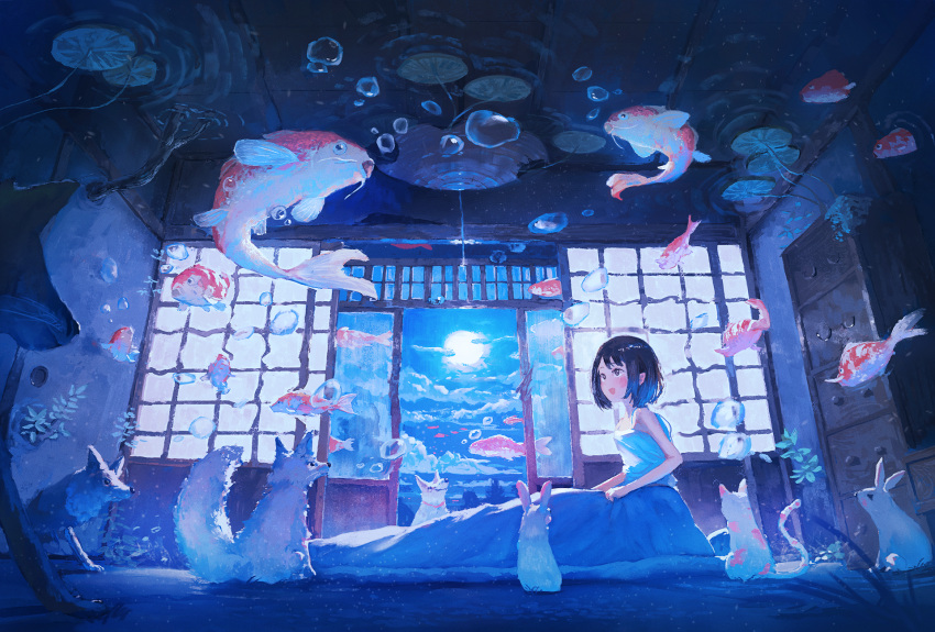 1girl air_bubble animal black_hair blue_sky blue_theme blush brown_eyes bubble cat clouds commentary_request drawer dress fish fish_request fjsmu fox fusuma futon hanging_light highres indoors lily_pad multiple_sources open_mouth original rabbit short_hair shouji sitting sky sliding_doors smile solo spaghetti_strap sun under_covers underwater waking_up white_cat white_dress