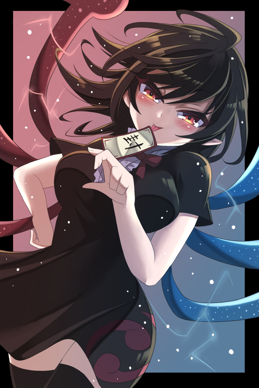 1girl asymmetrical_wings bangs black_border black_dress black_hair black_legwear blue_wings blush border bow bowtie breasts buttons center_frills commentary_request cowboy_shot dress dutch_angle eyebrows_visible_through_hair frilled_dress frills highres houjuu_nue looking_at_viewer medium_breasts medium_hair ofuda outside_border pointy_ears red_bow red_bowtie red_eyes red_wings short_dress short_sleeves smile solo thigh-highs tomoe_(symbol) tongue tongue_out touhou user_pust7853 wings