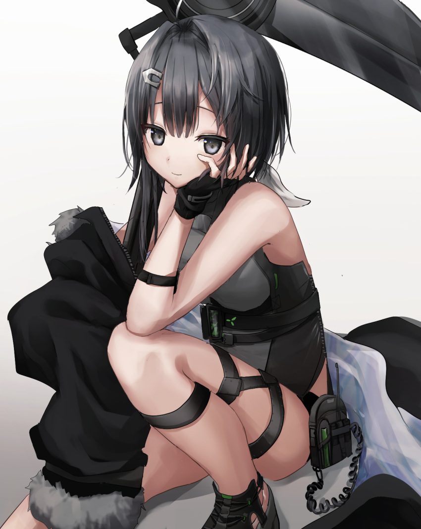 1girl arknights arm_strap bangs bare_arms bare_shoulders black_footwear black_gloves black_hair black_jacket boots commentary_request fingerless_gloves fur-trimmed_sleeves fur_trim gloves gradient gradient_background grey_background grey_eyes grey_shirt hair_intakes hand_up head_rest highres jacket jio_(baku_zugogo) la_pluma_(arknights) looking_at_viewer partial_commentary scythe shirt short_hair sitting sleeveless sleeveless_shirt smile solo thigh_strap thighs weapon