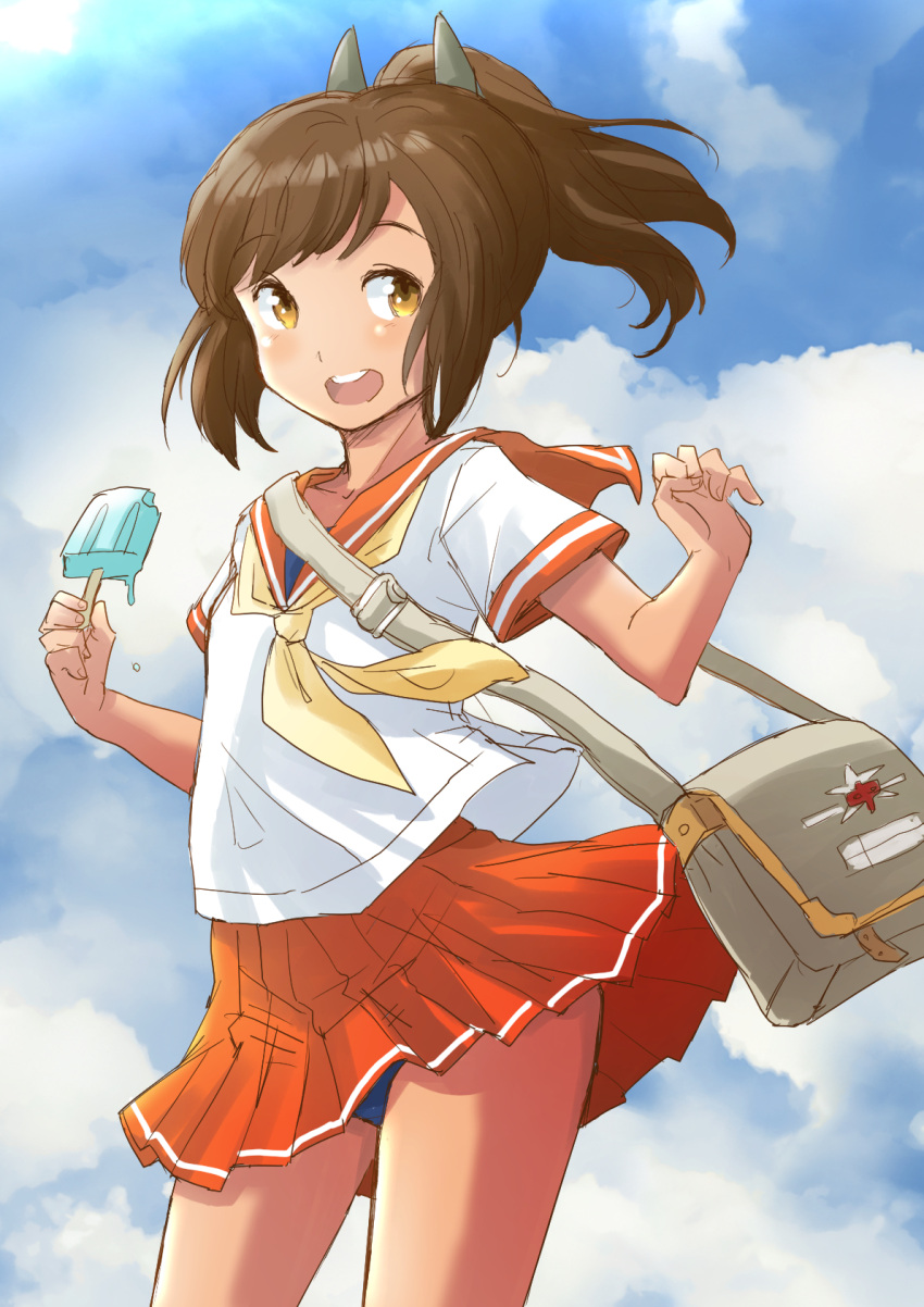 1girl bag blue_sky blue_swimsuit brown_eyes brown_hair clouds commentary_request contrapposto cowboy_shot food fuji_(pixiv24804665) hair_ornament highres i-401_(kancolle) kantai_collection looking_at_viewer neckerchief open_mouth orange_sailor_collar orange_skirt pleated_skirt ponytail popsicle round_teeth sailor_collar school_uniform serafuku skirt sky smile solo swimsuit swimsuit_under_clothes teeth upper_teeth yellow_neckerchief