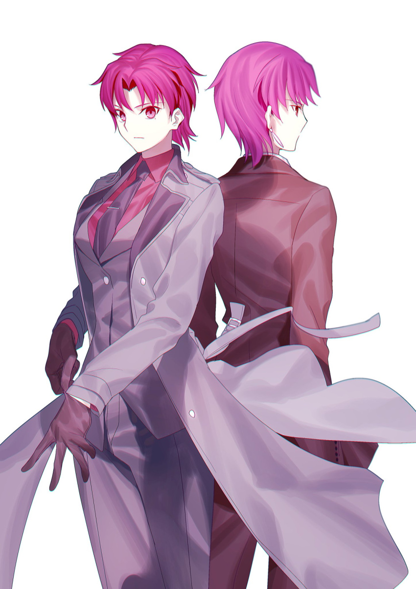 2girls adjusting_clothes adjusting_gloves back-to-back bangs bazett_fraga bazett_fraga_mcremitz black_gloves black_necktie brown_jacket brown_pants buttons closed_mouth coat collared_shirt commentary dual_persona earrings fate/grand_order fate/hollow_ataraxia fate_(series) formal gloves grey_coat grey_pants grey_suit highres jacket jewelry long_sleeves looking_at_viewer looking_away manannan_mac_lir_(fate) mole mole_under_eye multiple_girls necktie pants parted_bangs purple_hair red_shirt shirt short_hair simple_background suit violet_eyes white_background