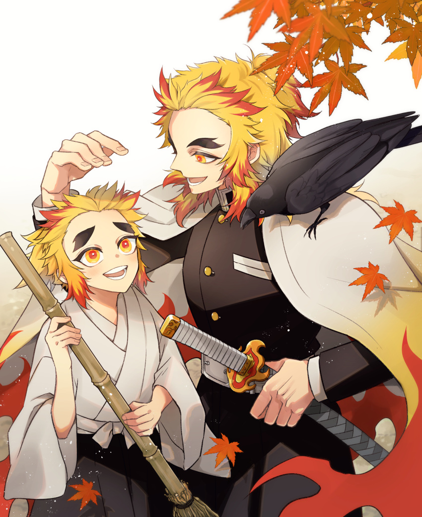 2boys :d animal_on_shoulder autumn_leaves belt bird bird_on_shoulder black_jacket black_pants blonde_hair breast_pocket broom brothers buttons commentary_request crow falling_leaves fingernails flame_print hand_up haori happy heads_together highres holding holding_broom jacket japanese_clothes kanzaki_(bluegarden) katana kimetsu_no_yaiba kimono leaf long_sleeves looking_at_another lower_teeth male_focus medium_hair mismatched_eyebrows multicolored_hair multiple_boys open_mouth pants pocket ponytail redhead rengoku_kyoujurou rengoku_senjurou scabbard sheath short_hair siblings sidelocks simple_background smile sword teeth thick_eyebrows tongue two-tone_hair uniform upper_body upper_teeth weapon white_background white_belt white_kimono