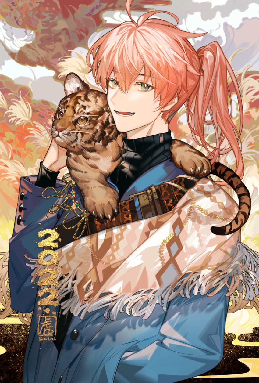 2022 animal arlizi chinese_commentary chinese_zodiac fate/grand_order fate_(series) green_eyes highres long_hair long_sleeves male_focus new_year orange_hair romani_archaman scarf smile solo solo_focus tiger year_of_the_tiger