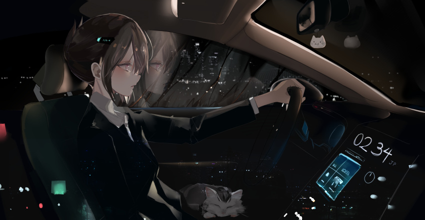 1girl black_suit brown_hair car car_interior cat city_lights cityscape clock closed_eyes closed_mouth collared_shirt commentary_request digital_clock dleung driving forehead formal ground_vehicle hair_between_eyes hair_ornament hairclip highres long_sleeves looking_ahead motor_vehicle night open_mouth original outdoors parted_lips pink_eyes rain reflection shirt sitting solo sparkle suit tied_hair upper_body