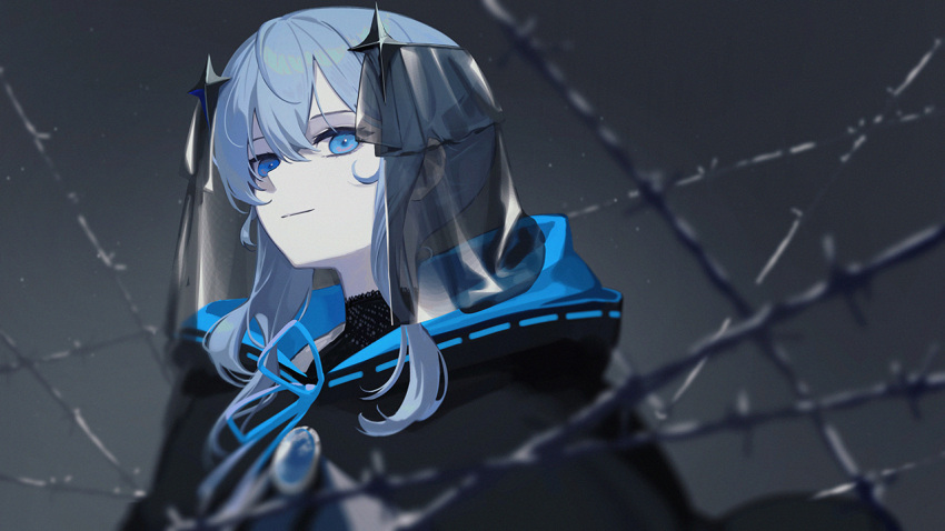 1girl bangs barbed_wire black_cloak blue_eyes blue_hair blue_ribbon cloak closed_mouth commentary_request hair_between_eyes heterochromia hololive hood hooded_cloak hoshimachi_suisei looking_at_viewer ribbon ribbon_trim sidelocks solo virtual_youtuber whitem_(whiteemperor2020)