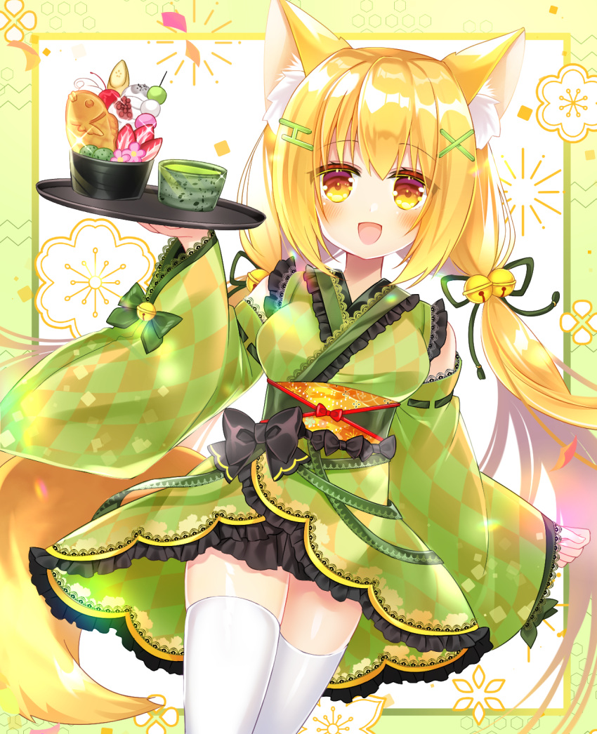 1girl :d animal_ear_fluff animal_ears argyle argyle_kimono bangs bell black_bow blonde_hair blush bow breasts brown_eyes commentary_request eyebrows_visible_through_hair food fox_ears fox_girl fox_tail green_kimono green_ribbon hair_bell hair_between_eyes hair_ornament hair_ribbon hairclip hand_up highres holding holding_tray japanese_clothes jingle_bell kimono lolita_fashion long_hair long_sleeves looking_at_viewer low_twintails medium_breasts obi original ribbon sash shikito smile solo tail thigh-highs tray twintails very_long_hair wa_lolita white_legwear wide_sleeves x_hair_ornament