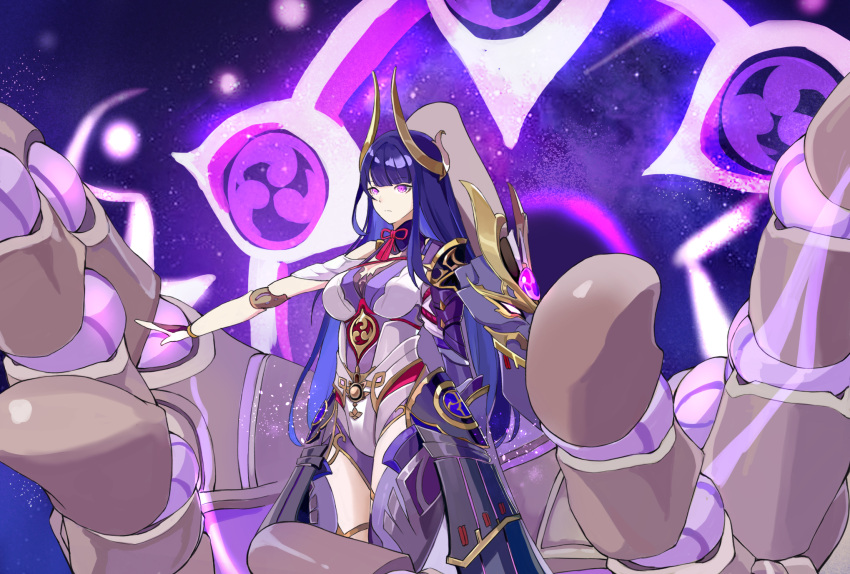 1girl alternate_costume alternate_hairstyle android arm_at_side armor breasts chinese_commentary choker commentary_request cowboy_shot expressionless faulds genshin_impact giant_hand greaves hair_ornament highres japanese_armor kusazuri large_breasts leotard long_hair magic_circle mitsudomoe_(shape) outstretched_arm purple_background purple_hair purple_leotard raiden_shogun red_ribbon ribbon ribbon_choker shoulder_armor solo space star_(sky) tomoe_(symbol) violet_eyes xishuu_(user_dvah3828)