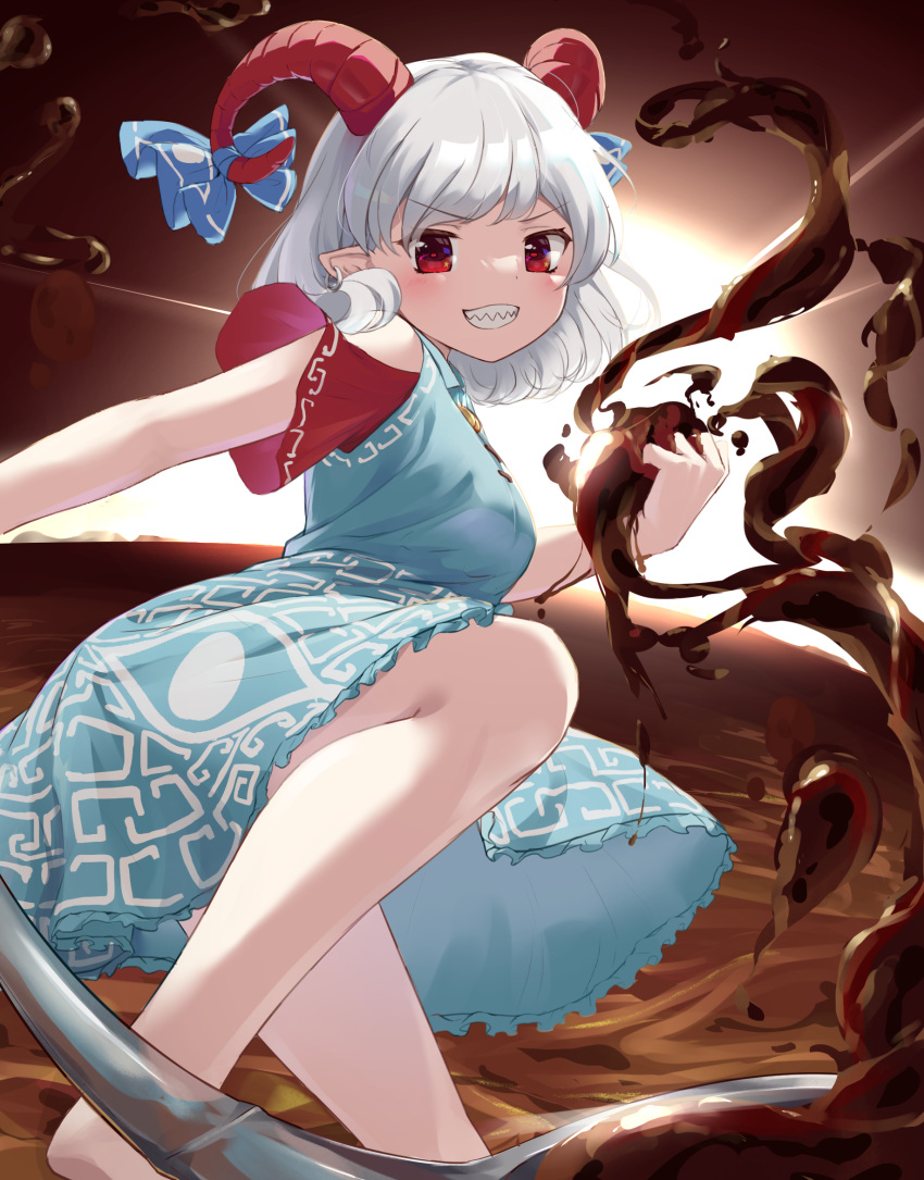 1girl bare_legs barefoot blue_dress commentary_request curly_hair detached_sleeves dress earrings eye_print grin highres horizontal_pupils horn_ornament horn_ribbon horns imoutochiru jewelry meandros oil oversized_object patterned_clothing pointy_ears rectangular_pupils red_eyes red_horns red_sleeves ribbon sharp_teeth sheep_horns smile teeth touhou touhou_gouyoku_ibun toutetsu_yuuma utensil v-shaped_eyebrows white_hair