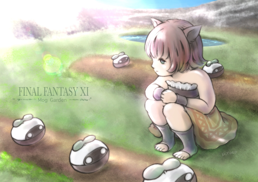 1girl animal_ears aqua_eyes artist_name bangs bare_shoulders blue_sky cat_ears closed_mouth copyright_name creature day dress final_fantasy final_fantasy_xi garden grass highres lens_flare mandragora_(final_fantasy) mithra_(ff11) outdoors pink_hair piyoco pond short_hair sky squatting strapless strapless_dress water