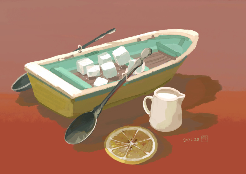 absurdres artist_logo black_tea boat commentary dated food food_focus fruit highres katakai lemon no_humans original spoon sugar_cube tea water watercraft