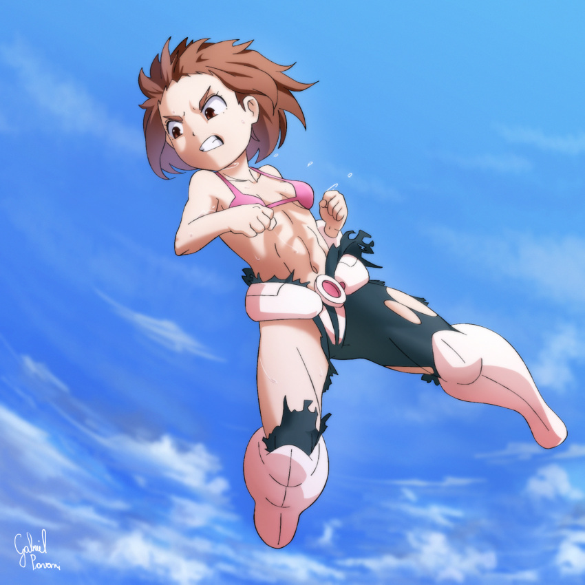 1girl abs bare_arms boku_no_hero_academia boots bra breasts brown_hair full_body gabriel_pavani highres navel short_hair sky small_breasts solo sweat thick_thighs thighs torn_clothes underwear uraraka_ochako