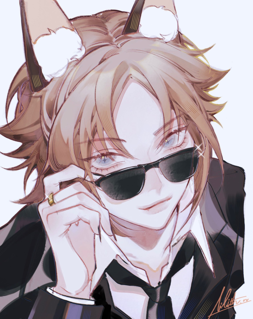 1boy alternate_costume animal_ear_fluff animal_ears bangs black_jacket black_necktie blue_eyes collared_shirt eyebrows_visible_through_hair fox_boy fox_ears from_above hand_on_eyewear highres jacket jewelry lili_(_lilithn) looking_at_viewer looking_up mysta_rias necktie nijisanji nijisanji_en parted_bangs portrait ring shirt signature smile solo sparkle sunglasses white_shirt
