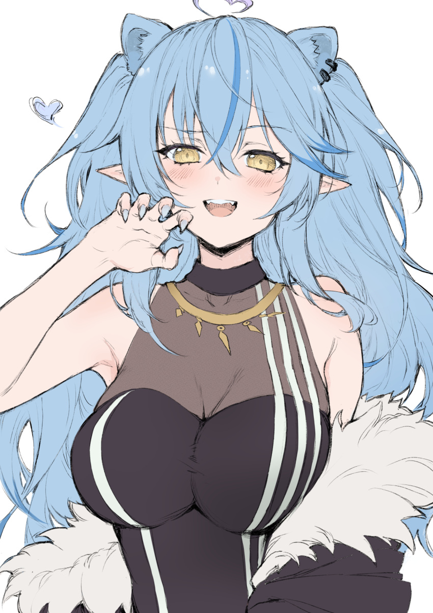 1girl :d ahoge animal_ear_fluff animal_ears bangs bare_shoulders black_shirt blue_hair blue_nails blush breasts claw_pose cosplay ear_piercing extra_ears eyebrows_visible_through_hair fingernails fur_trim hair_between_eyes hair_ornament haoni heart highres hololive large_breasts lion_ears long_hair looking_at_viewer nail_polish piercing pointy_ears sharp_fingernails shirt shishiro_botan shishiro_botan_(cosplay) simple_background sleeveless sleeveless_shirt smile solo upper_body virtual_youtuber white_background yellow_eyes yukihana_lamy