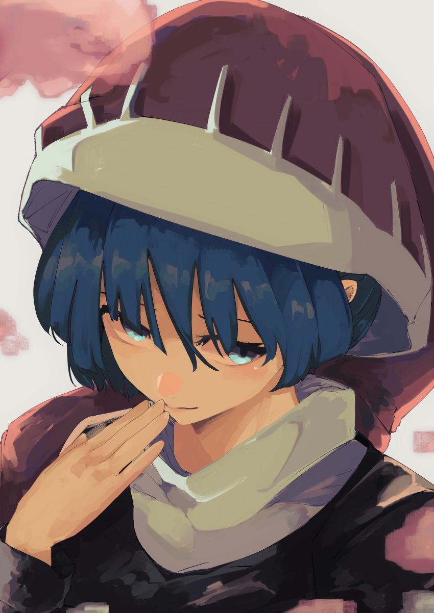 1girl absurdres black_capelet blue_eyes blue_hair capelet closed_mouth commentary doremy_sweet dream_soul dress eyebrows_behind_hair finger_to_mouth grey_background hair_over_eyes hat highres looking_at_viewer nightcap portrait red_headwear short_hair simple_background smile smug solo totopepe888 touhou turtleneck white_dress