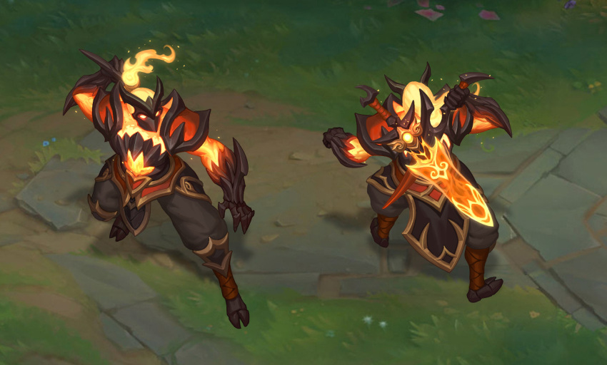 1boy armor black_pants character_sheet english_commentary full_body gauntlets glowing glowing_eyes highres horned_mask league_of_legends mask multiple_views official_alternate_costume pants shen_(league_of_legends) standing vladbacescu weapon weapon_on_back