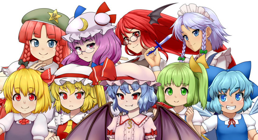 1girl apron ascot bangs bat_wings beret black_dress black_vest blonde_hair blue_bow blue_dress blue_eyes blue_hair blue_ribbon blue_vest bow braid breasts cirno collared_shirt crescent crescent_hat_ornament d.koutya daiyousei demon_tail demon_wings dress fairy_wings flandre_scarlet flat_chest frilled_shirt frilled_shirt_collar frilled_sleeves frills glasses green_eyes green_hair hair_bow hair_ribbon hat hat_ornament hat_ribbon head_wings holding holding_knife hong_meiling ice ice_wings izayoi_sakuya knife koakuma large_breasts long_hair medium_breasts medium_hair mob_cap multiple_girls neck_ribbon necktie one_side_up patchouli_knowledge pinafore_dress pink_dress ponytail puffy_short_sleeves puffy_sleeves purple_hair red_bow red_eyes red_necktie red_neckwear red_ribbon red_skirt red_vest redhead remilia_scarlet ribbon rumia shirt short_hair short_sleeves side_braid silver_hair simple_background skirt small_breasts solo tail touhou twin_braids very_long_hair vest violet_eyes white_background white_shirt wings wrist_cuffs yellow_bow