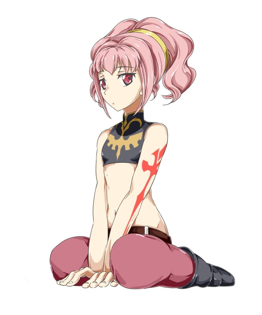 1girl anya_alstreim breasts closed_mouth code_geass full_body highres knights_of_the_round_uniform long_hair looking_at_viewer maru_sashi midriff pink_hair red_eyes simple_background small_breasts solo thigh-highs white_background