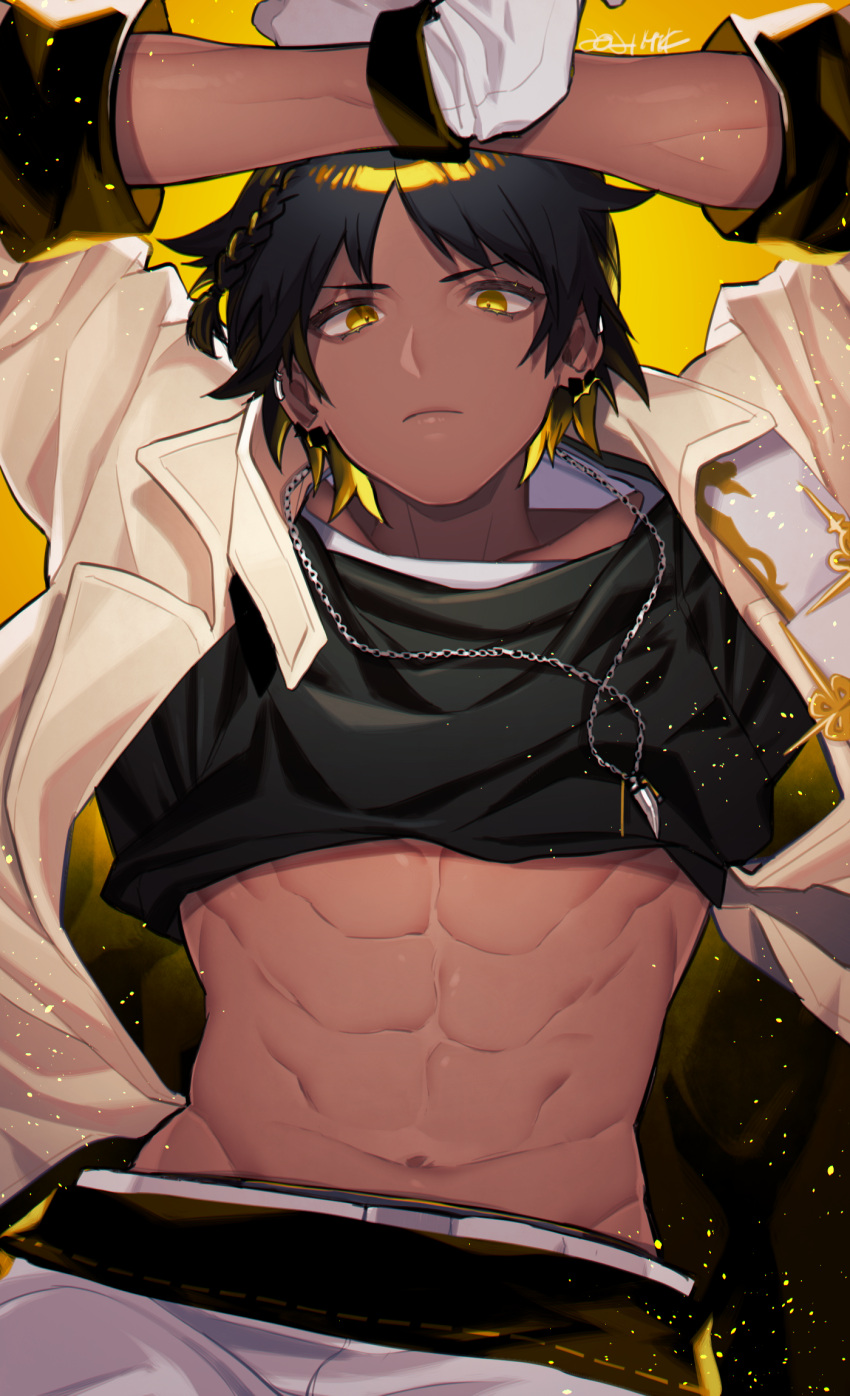 1boy abs arknights arms_up bangs black_hair black_shirt blonde_hair braid clothes_lift coat dark-skinned_male dark_skin fang_necklace frown gloves highres jacket jewelry light_particles looking_at_viewer male_focus mtk_(souko) multicolored_hair navel necklace open_clothes open_coat open_jacket shirt shirt_lift short_hair shorts side_braid simple_background single_braid solo streaked_hair thorns_(arknights) upper_body white_gloves white_shorts yellow_background yellow_eyes