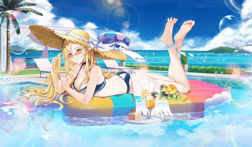 1girl afloat ankle_ribbon ao_la_xing bangs barefoot beach_umbrella between_fingers bikini blonde_hair blue_bikini blue_sky breasts bubble bush cake cake_slice caustics character_request clouds cup curtains day drink drinking_glass drinking_straw eyelashes feet_up flower food fruit full_body hair_over_breasts hand_in_hair hat hat_ribbon heart heart-shaped_eyewear hibiscus highres horizon inflatable_raft light_smile long_hair looking_at_viewer lying ocean on_stomach orange_(fruit) orange_slice outdoors palm_tree plate pool pool_ladder ribbon see-through sky solo straw_hat sun_hat sunglasses sunlight swimsuit the_pose towel tree umbrella very_long_hair wet_towel yellow_eyes zuo600