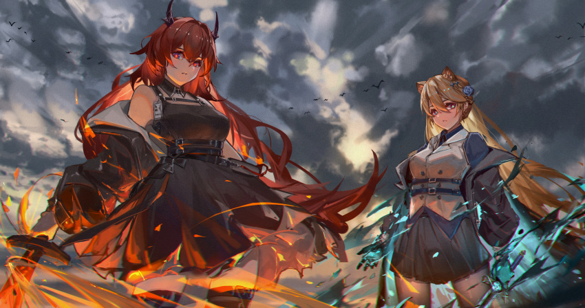 2girls animal_ear_fluff animal_ears arknights bangs bare_shoulders bird black_coat black_dress black_gloves black_legwear black_skirt blonde_hair blue_eyes blue_flower blue_rose breasts clouds cloudy_sky coat commentary_request day detached_collar dress eyebrows_behind_hair fire flower gloves grey_vest hair_between_eyes hair_flower hair_ornament highres holding holding_sword holding_weapon horns large_breasts lion_ears long_hair long_sleeves looking_at_viewer medium_breasts miniskirt mkt_(pixiv15187870) multiple_girls off_shoulder open_clothes open_coat original outdoors pantyhose parted_lips redhead rose skirt sky surtr_(arknights) sword thigh-highs underbust very_long_hair vest violet_eyes weapon zettai_ryouiki