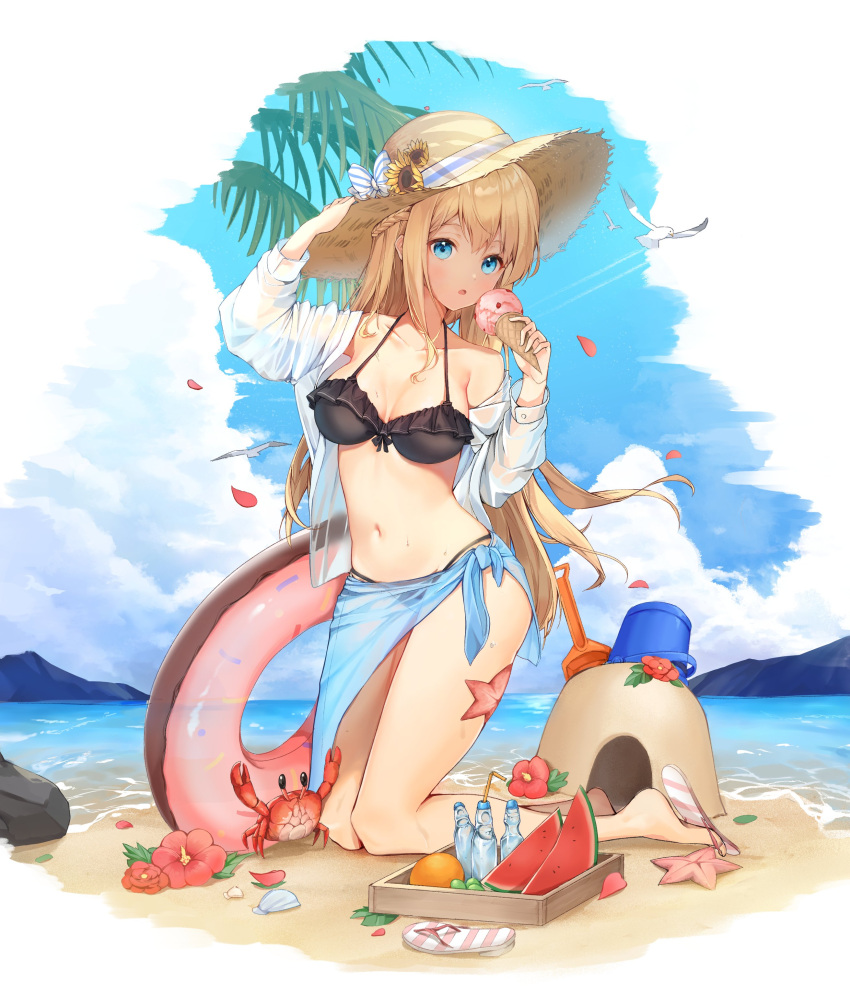 1girl :o absurdres bangs beach bikini bird black_bikini blonde_hair blue_eyes blue_sky braid breasts clouds day flower food french_braid frilled_bikini frills front-tie_bikini front-tie_top fruit hair_between_eyes half_updo hand_on_headwear hat hat_flower hatonaru525 hibiscus highres horizon ice_cream innertube kneeling large_breasts light_rays long_hair long_sleeves looking_at_viewer navel ocean off_shoulder open_clothes open_shirt orange_(fruit) original outdoors palm_tree petals ramune red_flower rock sand sand_sculpture sarong seagull sky solo starfish stomach straw_hat string_bikini sun_hat sunflower sweat swimsuit tree very_long_hair yellow_headwear