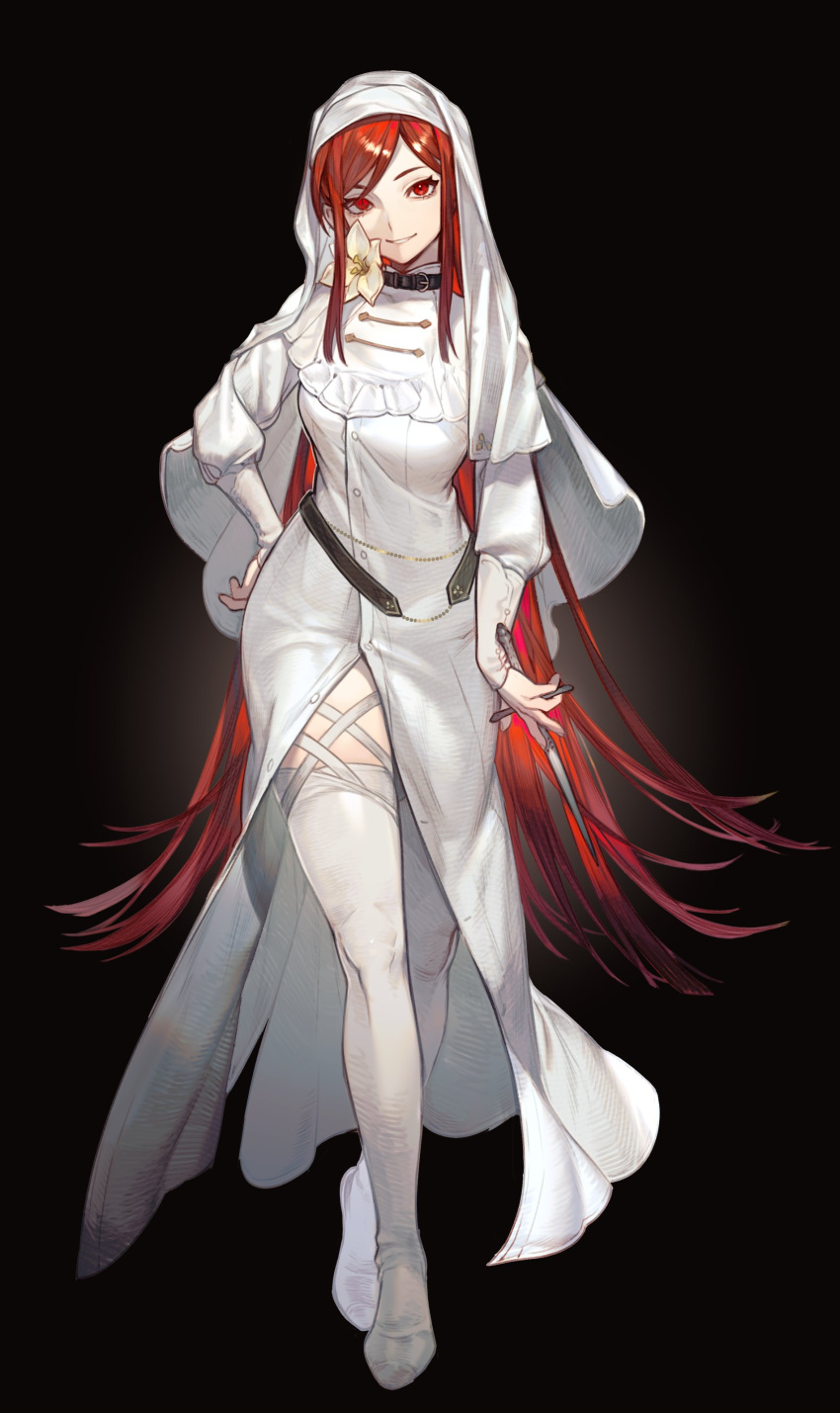 1girl absurdres bangs black_background breasts collar dress flower full_body habit hand_on_hip highres holding holding_sword holding_weapon lily_(flower) long_dress long_hair long_sleeves looking_at_viewer original oystermiao puffy_long_sleeves puffy_sleeves red_eyes redhead short_sword side_slit sidelocks solo straight_hair swept_bangs sword thigh-highs thigh_strap very_long_hair walking weapon white_dress white_flower white_legwear white_theme