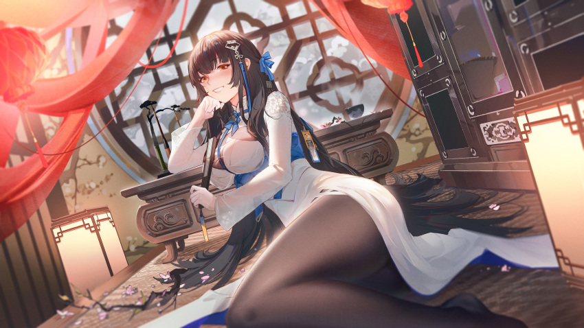 1girl absurdres bangs black_hair black_legwear blue_ribbon blush branch breasts brown_eyes china_dress chinese_clothes closed_fan curtains dress dutch_angle elbow_rest feet_out_of_frame flower folding_fan from_side girls'_frontline_neural_cloud girls_frontline hair_flower hair_ornament hair_ribbon half_updo hand_fan hanging_lantern head_rest highres holding holding_fan id_card indoors lantern large_breasts lattice layered_dress leaning_to_the_side long_hair long_sleeves looking_at_viewer mattress no_shoes official_alternate_costume paintbrush paintbrush_rack pantyhose paper_lantern reclining ribbon round_window see-through see-through_sleeves shelf side_slit smile solo table tassel type_95_(girls'_frontline) type_95_(narcissus)_(girls'_frontline) very_long_hair wallpaper_(object) white_dress window winter wooden_table yellow_eyes ying_yi