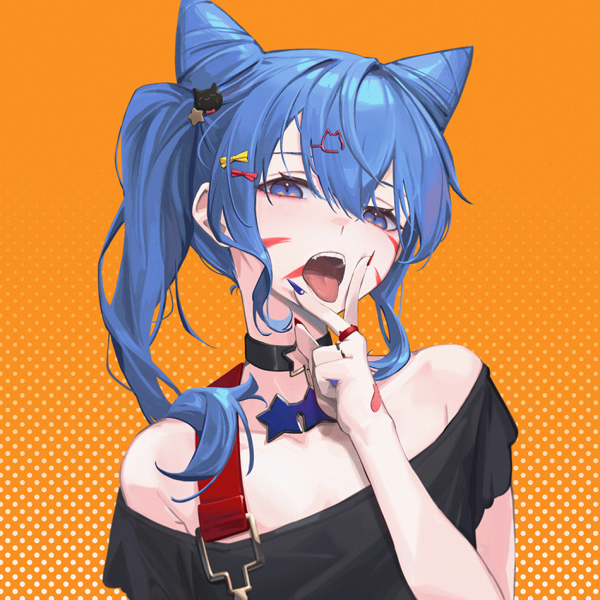 1girl animal_(vocaloid) bangs bare_shoulders black_choker black_shirt blue_eyes blue_hair blue_nails cat_hair_ornament choker commentary_request facepaint fingernails hair_between_eyes hair_cones hair_ornament highres hololive hoshimachi_suisei jewelry long_hair looking_at_viewer multicolored_nails nail_polish off_shoulder open_mouth red_nails ring sharp_fingernails shirt short_sleeves side_ponytail solo tongue tongue_out v virtual_youtuber whitem_(whiteemperor2020)