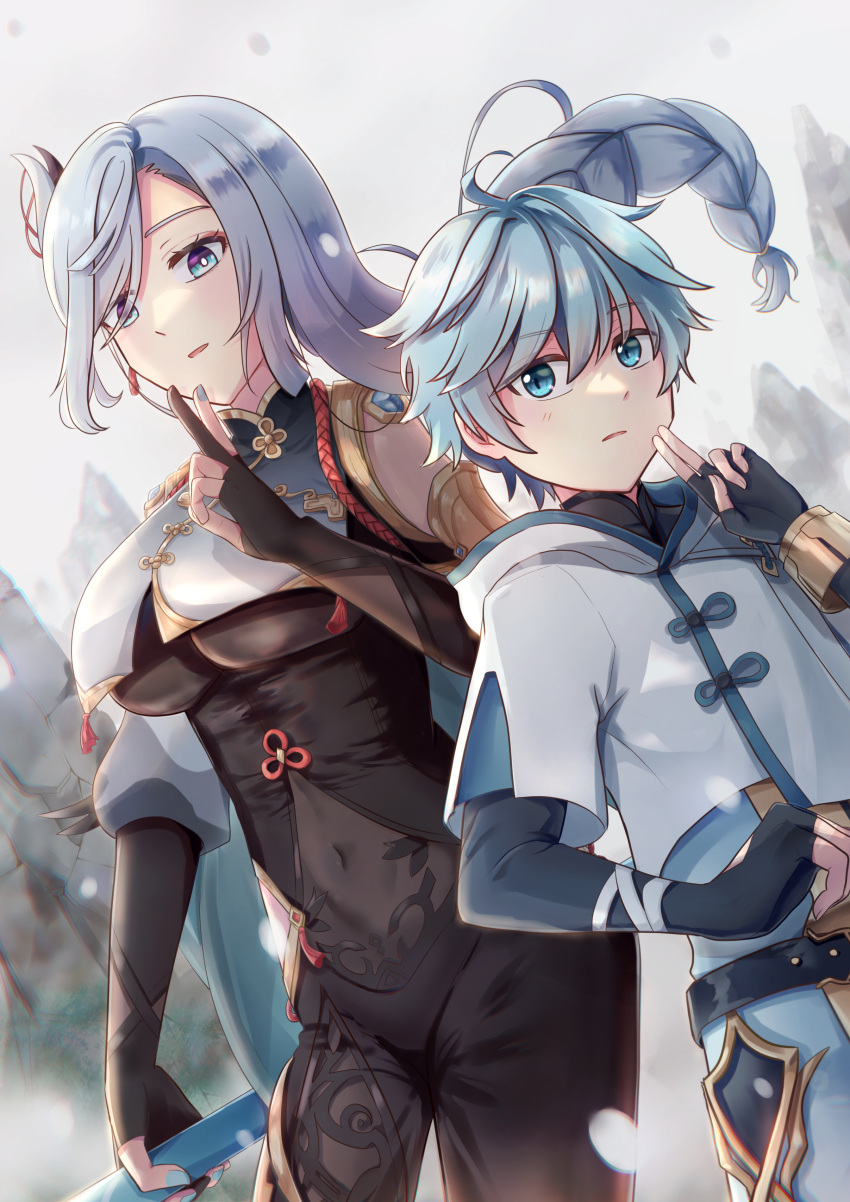 1boy 1girl absurdres age_difference artist_request aunt_and_nephew blue_hair child chinese_clothes chongyun_(genshin_impact) close-up commentary_request genshin_impact hair_between_eyes height_difference highres shenhe_(genshin_impact) short_hair snow winter