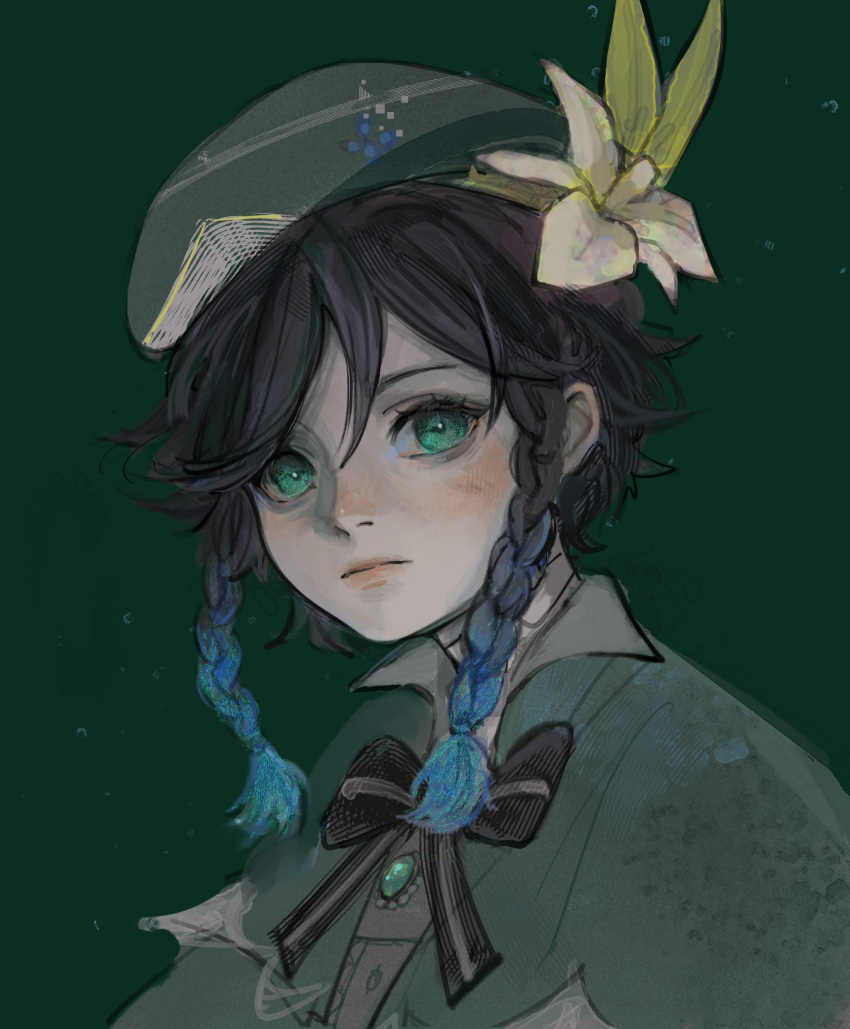 1boy absurdres androgynous bangs bard beret black_hair blue_hair braid brooch cape collared_cape commentary english_commentary flower genshin_impact gradient_hair green_cape green_eyes green_headwear hat hat_flower highres jewelry looking_at_viewer male_focus multicolored_hair short_hair_with_long_locks solo suzitcat twin_braids venti_(genshin_impact) white_flower