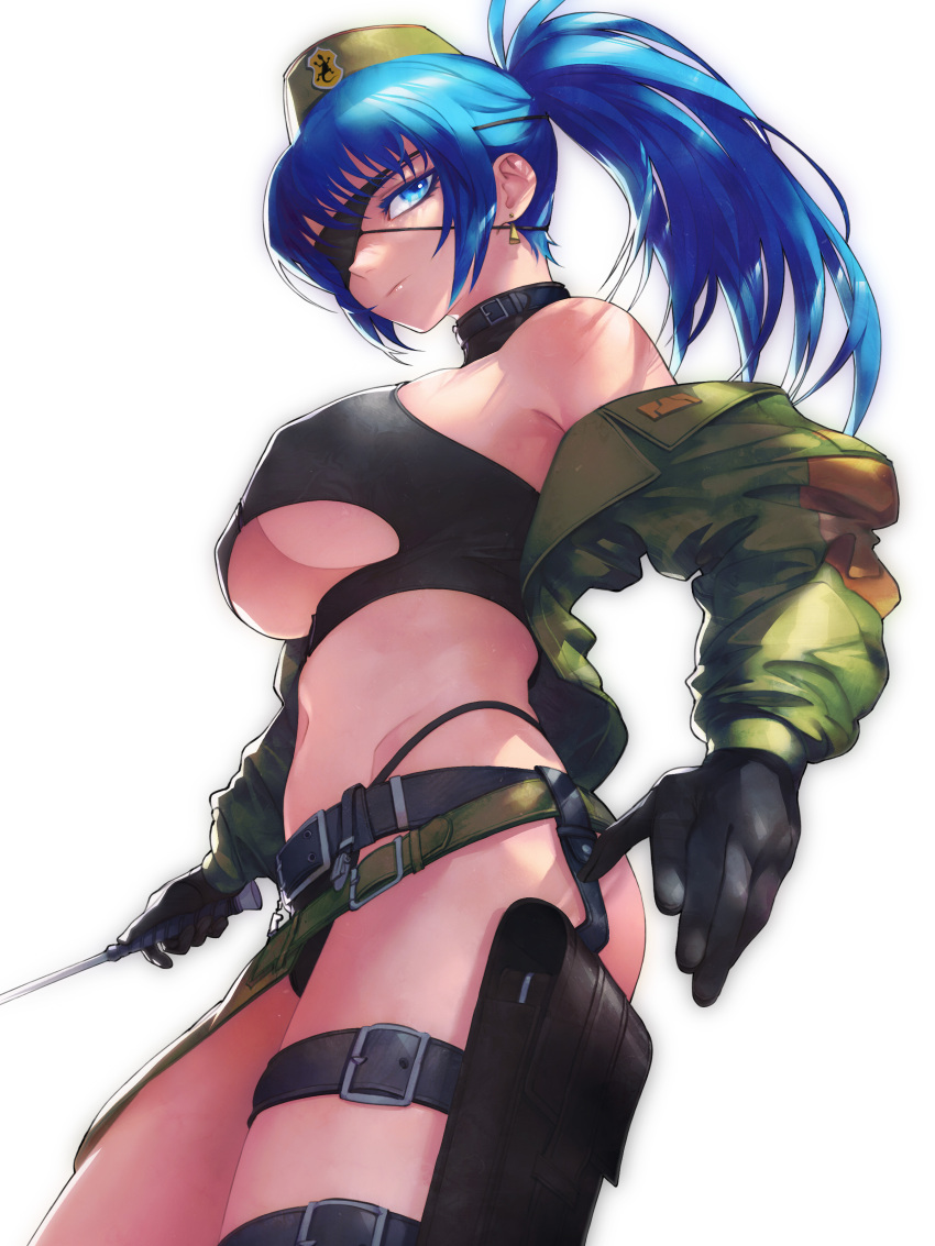 1girl absurdres bangs belt beret black_gloves blue_eyes blue_hair breasts earrings eyepatch gloves hat highres holster jacket jacket_removed jewelry leona_heidern ponytail riding_crop shocker simple_background snk_heroines:_tag_team_frenzy solo strap the_king_of_fighters thong triangle_earrings under_boob underwear white_background zubon_no_onara