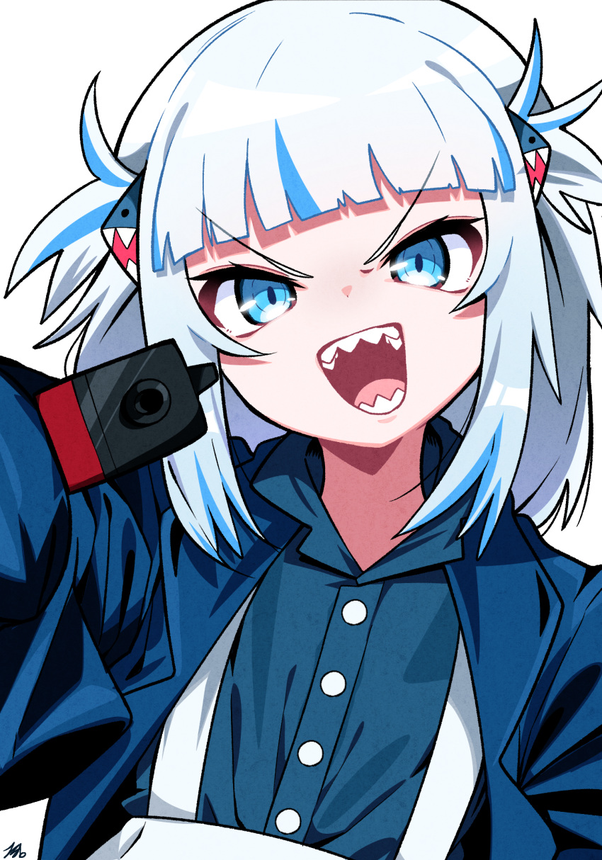 1girl :d aiming_at_viewer bangs blue_eyes blue_hair blue_jacket blue_shirt blunt_bangs collared_shirt commentary dress_shirt eyebrows_visible_through_hair gawr_gura gun hair_ornament highres holding holding_gun holding_weapon hololive hololive_english jacket looking_at_viewer multicolored_hair open_clothes open_jacket sharp_teeth shirt silver_hair simple_background skirt smile solo streaked_hair suspender_skirt suspenders teeth tosyeo two_side_up upper_body v-shaped_eyebrows virtual_youtuber weapon white_background white_skirt