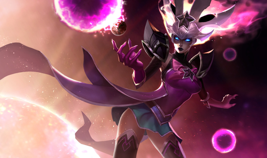 1girl armor bangs blue_eyes bow bowtie breasts comet cowboy_shot dress english_commentary gloves glowing glowing_eyes gradient gradient_background green_skirt highres large_breasts league_of_legends leaning_forward pink_bow pink_bowtie pink_dress pink_gloves shoulder_armor skirt solo space star_(symbol) syndra thigh-highs vladbacescu