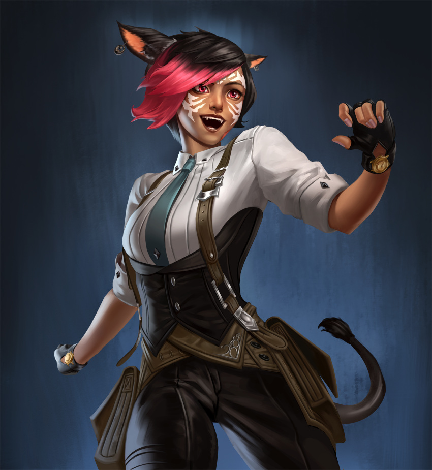1girl animal_ears aqua_necktie avatar_(ff14) bangs black_gloves black_hair blue_background cat_ears cat_tail commission cowboy_shot dark-skinned_female dark_skin earrings facial_mark fangs final_fantasy final_fantasy_xiv fingerless_gloves gloves highres jewelry miqo'te multicolored_hair necktie open_mouth pink_hair red_eyes rizo_(rizoarts) running short_hair sleeves_rolled_up solo swept_bangs tail two-tone_hair