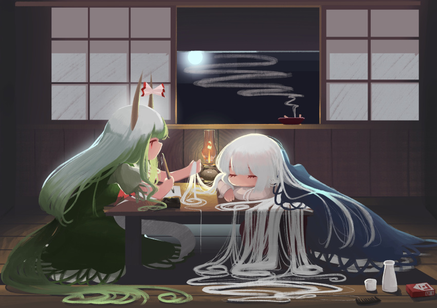 2girls absurdly_long_hair absurdres blanket blue_dress bottle bow bowl box calligraphy_brush cigarette_butt comb commentary dress fire flame fujiwara_no_mokou full_moon green_dress green_hair head_rest highres holding holding_brush horn_bow horn_ornament horns indoors ink_tank_(splatoon) kamishirasawa_keine kneeling leaning_forward long_hair long_sleeves looking_at_another moon multicolored_hair multiple_girls neckerchief no_mouth oil_lamp paintbrush paper playing_with_another's_hair puffy_short_sleeves puffy_sleeves red_bow red_eyes red_neckerchief sake_bottle short_sleeves silver_hair sleeping sleeve_cuffs smoke sweet_reverie tail touhou two-tone_hair very_long_hair white_hair window wooden_floor