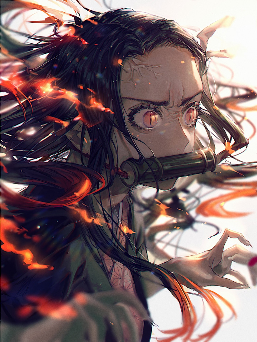 1girl angry bangs bit_gag black_hair blurry blurry_background brown_hair claws commentary_request embers eyelashes face fingernails fire flame from_side gag gagged gradient_hair grey_background hair_ribbon hands haori highres japanese_clothes kamado_nezuko kimetsu_no_yaiba kimono long_eyelashes long_fingernails long_hair looking_to_the_side multicolored_hair pink_eyes pink_kimono pink_ribbon print_kimono ribbon sharp_fingernails shiny shiny_hair signature simple_background slit_pupils solo upper_body user_ghwd8447 veins very_long_hair white_background