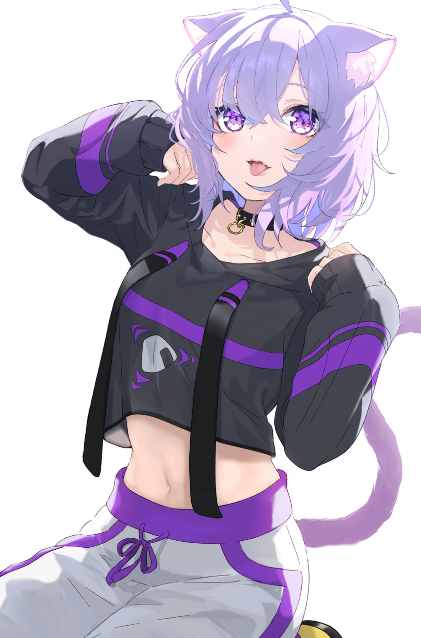 1girl absurdres ahoge animal_ear_fluff animal_ears black_collar black_hoodie blush breasts cat_ears cat_girl cat_tail collar crop_top crop_top_overhang eyebrows_visible_through_hair fang feet_out_of_frame hair_between_eyes highres hololive hood hoodie icehotmilktea light light_purple_hair long_sleeves looking_at_viewer medium_breasts midriff navel nekomata_okayu open_mouth pants short_hair simple_background sitting smile solo sweatpants tail tongue tongue_out violet_eyes virtual_youtuber white_background white_pants