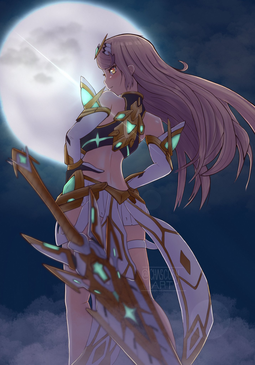 aegis_sword_(xenoblade) bangs bare_legs bare_shoulders blonde_hair breasts chascoby chest_jewel dress earrings elbow_gloves gem gloves headpiece highres jewelry large_breasts long_hair mythra_(xenoblade) short_dress swept_bangs thigh_strap tiara very_long_hair white_dress white_gloves xenoblade_chronicles_(series) xenoblade_chronicles_2 yellow_eyes