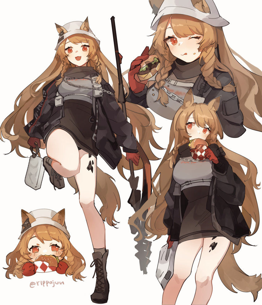 1girl absurdres animal_ears arknights bag bangs belt belt_buckle belt_pouch black_dress black_jacket blush boots braid buckle burger ceobe_(arknights) ceobe_(unfettered)_(arknights) chain chibi closed_mouth collared_dress commentary_request dog_ears dog_tail dress ears_through_headwear eating eyebrows_visible_through_hair fang food food_in_mouth food_on_face full_body gloves hat head_tilt highres holding holding_bag holding_food holding_polearm holding_weapon jacket licking_lips light_blush long_hair long_sleeves looking_at_viewer multiple_views one_eye_closed open_mouth oripathy_lesion_(arknights) oversized_clothes polearm pouch red_gloves rippajun simple_background skin_fang smile spear standing standing_on_one_leg tail tongue tongue_out twin_braids twitter_username upper_body very_long_hair weapon white_background white_headwear