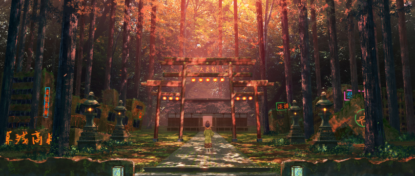 1girl absurdres architecture brown_hair chinese_commentary coat dappled_sunlight east_asian_architecture evening forest from_behind grass green_coat highres lantern long_hair nature neon_lights original outdoors scenery shrine shuu_illust standing stone_walkway sunlight torii tree tree_trunk vanishing_point