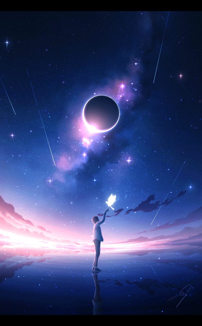1boy absurdres bird commentary eclipse fantasy full_body full_moon glowing hair_over_eyes hand_up highres long_sleeves male_focus moon nengoro original outdoors pants reflection reflective_water scenery shooting_star signature sky solar_eclipse solo space sparkle standing star_(sky) starry_sky white_bird