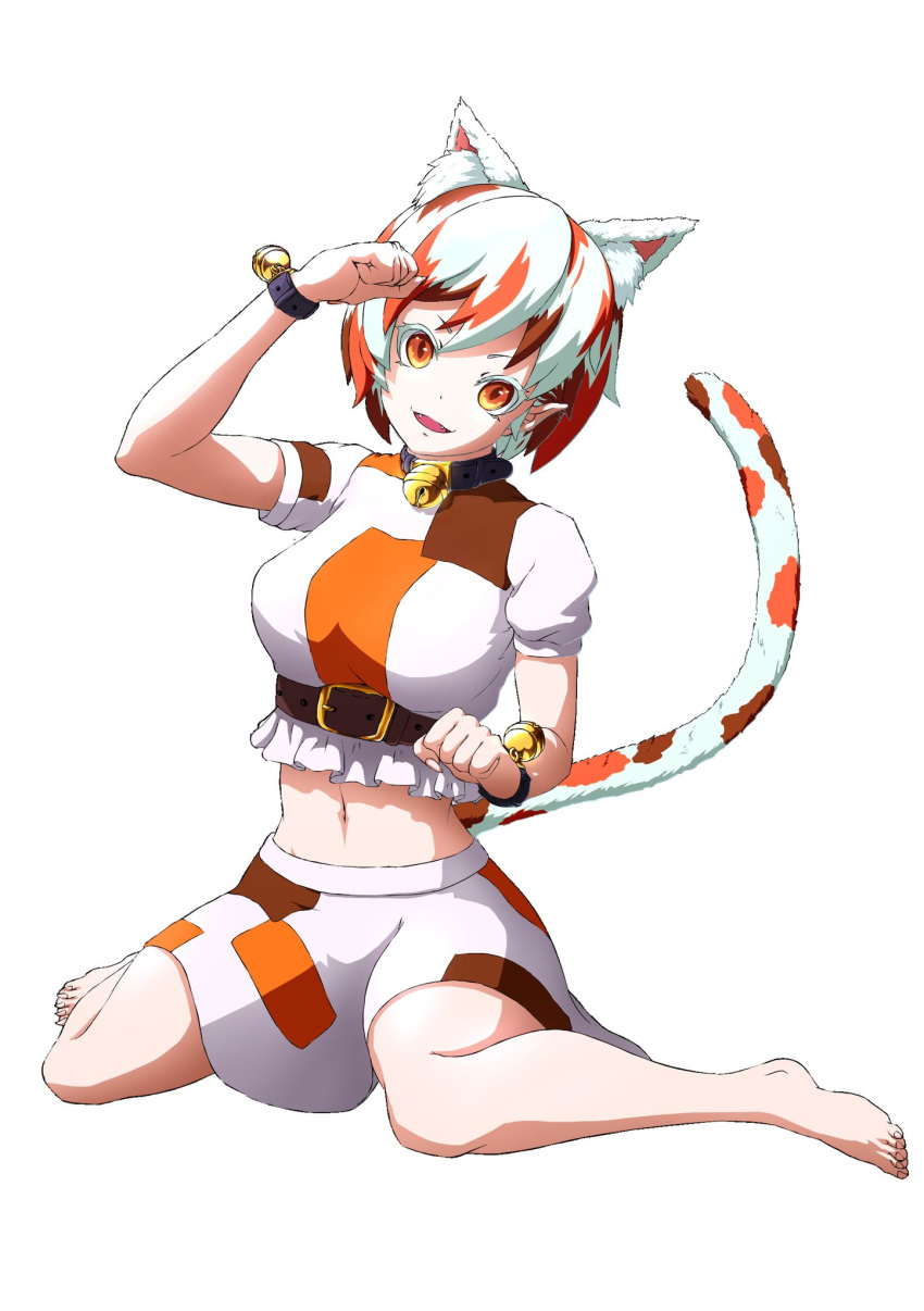 1girl animal_ears bangs bare_legs barefoot bell breasts calico cat_ears cat_girl cat_tail collar crop_top fangs gesture gold goutokuji_mike highres jingle_bell maneki-neko medium_breasts medium_skirt midriff multicolored_clothes multicolored_hair multicolored_skirt multicolored_tail navel neck_bell orange_eyes patches paw_pose pepelonthi short_hair skirt stomach streaked_hair tail touhou white_hair