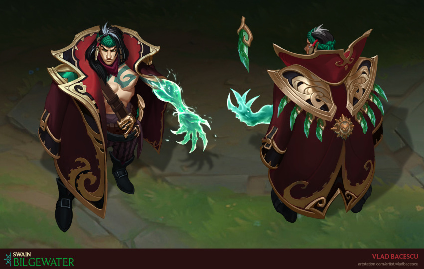 1boy artist_name bangs belt black_footwear black_hair brown_belt chest_tattoo concept_art floating floating_object from_behind full_body glowing grass green_hair hair_ornament highres league_of_legends long_hair official_alternate_costume official_art outdoors pants red_robe standing striped striped_pants swain_(league_of_legends) tattoo vladbacescu web_address