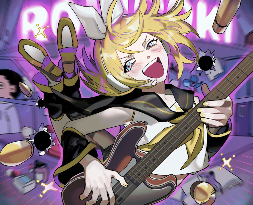 1girl arched_back armpits ascot bare_shoulders blonde_hair blue_eyes blurry blurry_background blush bow bullet bullet_hole crop_top detached_sleeves dodging electric_guitar guitar hair_bow hair_ornament hairclip headphones headset highres holding holding_instrument instrument jumping kagamine_rin leg_warmers motion_blur music open_mouth playing_instrument sailor_collar shorts smile soyaka sparkle treble_clef v-shaped_eyebrows vocaloid yellow_ascot yellow_nails