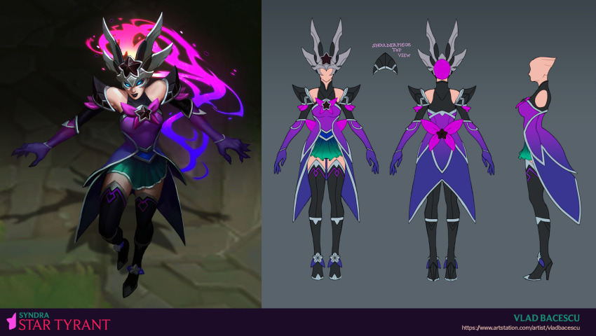 1girl armor artist_name bare_shoulders black_footwear character_name closed_mouth concept_art dress elbow_gloves english_text faceless gloves glowing glowing_eyes gradient gradient_background green_skirt grey_background helmet high_heels highres league_of_legends looking_at_viewer magic multiple_views pink_dress skirt star_(symbol) syndra thigh-highs vladbacescu web_address