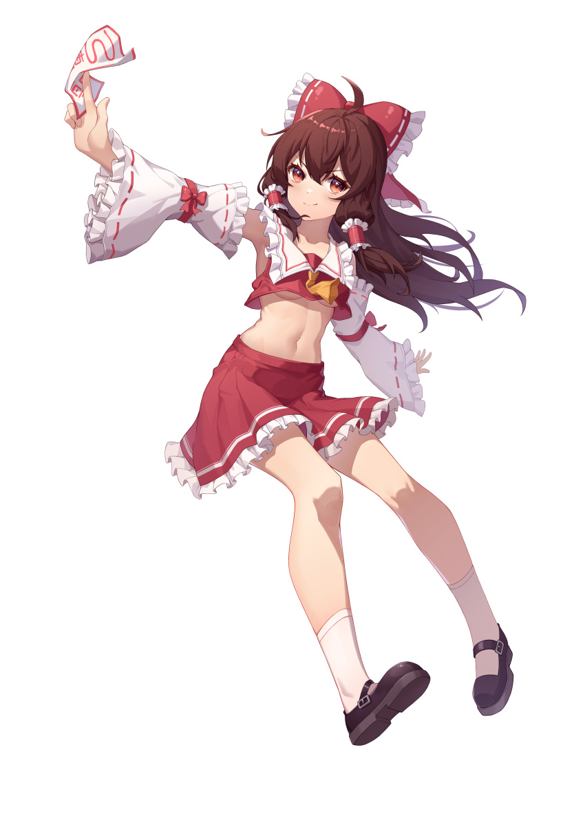 1girl 22_(dbq) absurdres adapted_costume ahoge arm_up bangs bare_shoulders between_fingers black_footwear blush bow breasts brown_hair closed_mouth crop_top detached_sleeves eyebrows_visible_through_hair floating frilled_bow frilled_hair_tubes frills full_body hair_between_eyes hair_bow hair_tubes hakurei_reimu highres long_hair long_sleeves looking_at_viewer mary_janes midriff navel ofuda outstretched_arm petticoat pink_eyes pleated_skirt red_bow red_skirt red_vest shoes simple_background skirt sleeves_past_wrists small_breasts smile solo touhou under_boob vest white_background white_legwear wide_sleeves